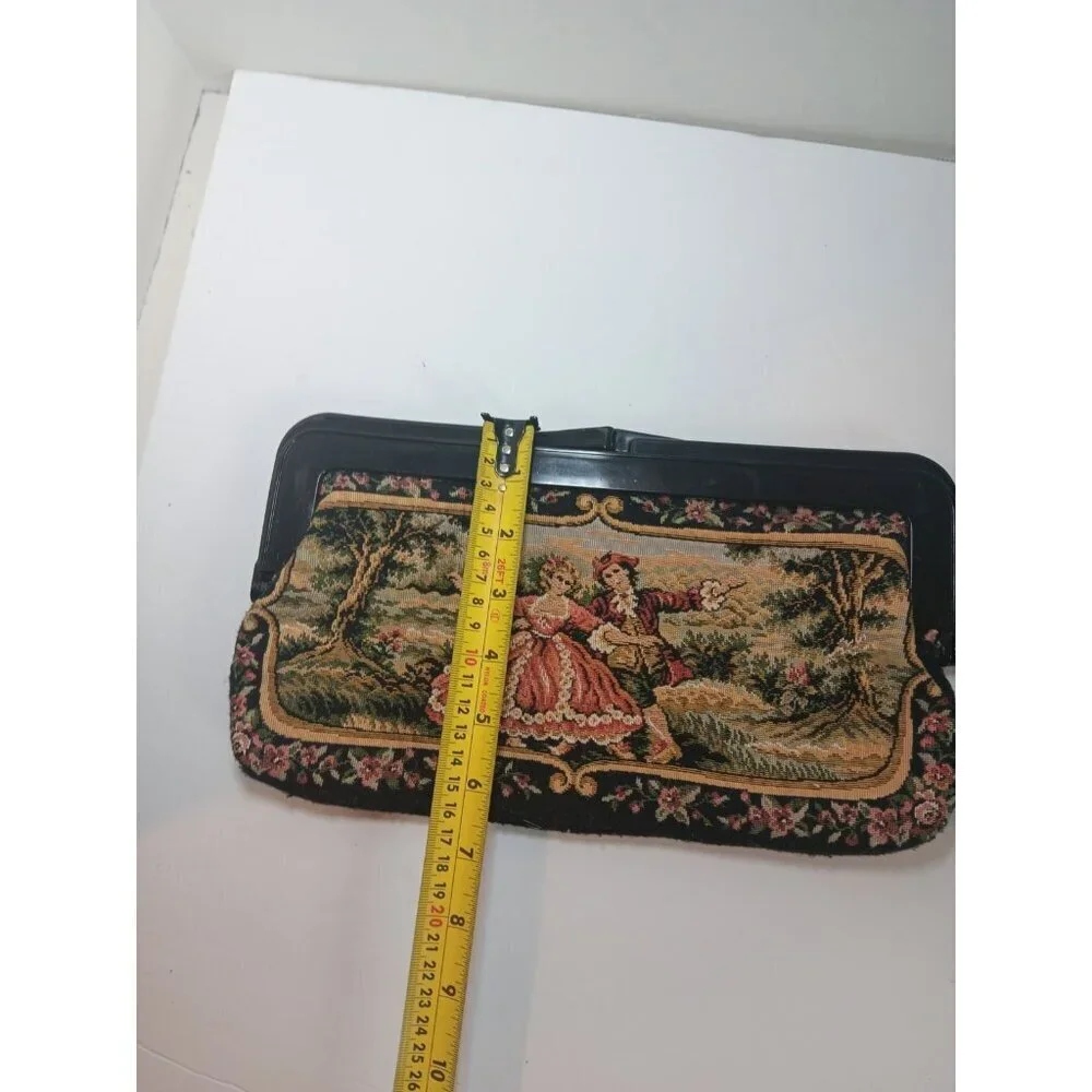 Vtg Handbag Needlepoint Tapestry Courting Couple Gold Black Damascene Clutch